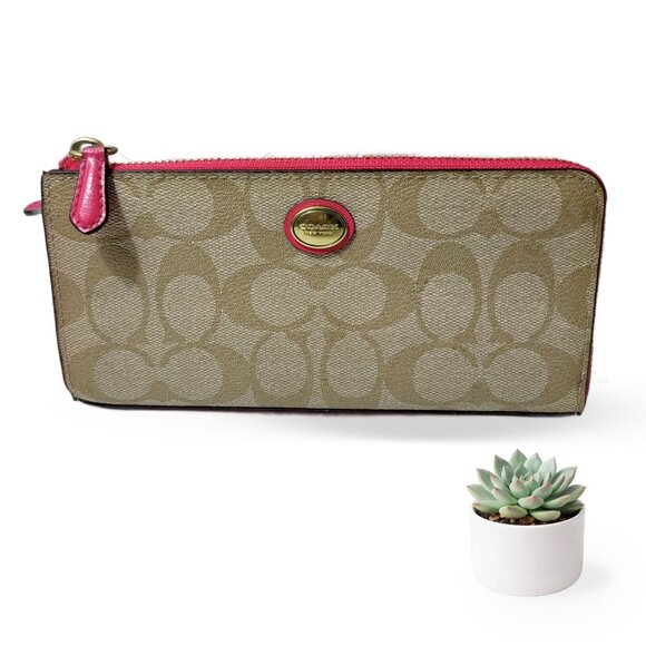 Coach Handbags - COACH Signature Canvas Wristlet Khaki Pink Zip Wallet Gold Hardware